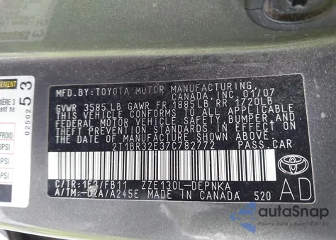 2007 Toyota Corolla Le из США, поврежденный, VIN 2T1BR32E37C782772